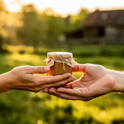Close-up of two hands exchanging a small local product in a warm natural light setting, symbol of partnership and trust, countryside atmosphere, realistic photography, high resolution
