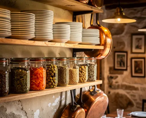 Rustic French restaurant kitchen shelves with stacked white plates, glass jars, olives and copper pots, warm ambient lighting, authentic countryside atmosphere, realistic photography, high resolution
