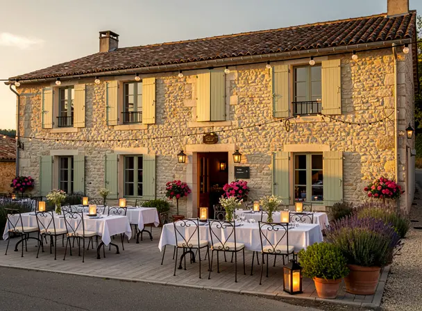 Charming French countryside hotel and restaurant, stone house with wooden shutters, outdoor terrace with tables and chairs, warm sunset light, elegant and authentic atmosphere, high resolution, realistic photography
