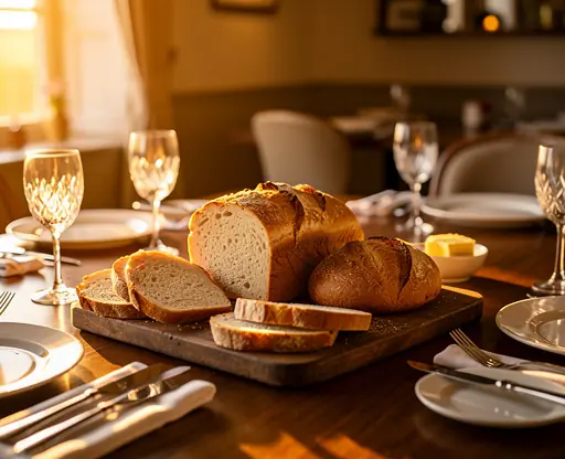 Fresh French bread on a wooden board, set on an elegant restaurant table with plates and glasses, warm sunset light, rustic and refined countryside hotel atmosphere, realistic photography, high resolution
