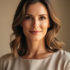 Natural portrait of a French woman in her thirties, soft smile, warm natural light, neutral background, authentic and elegant style, realistic photography, high resolution
