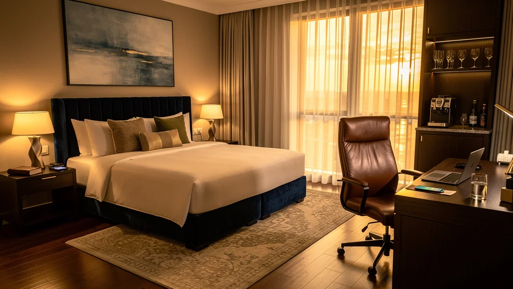 chambre executive moderne avec mobilier design et vue panoramique sur la ville