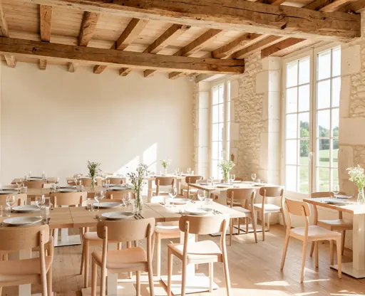 Bright and elegant French countryside restaurant dining room, wooden beams ceiling, natural light through large windows, minimalist wooden tables and chairs, calm and refined atmosphere, high resolution photography

