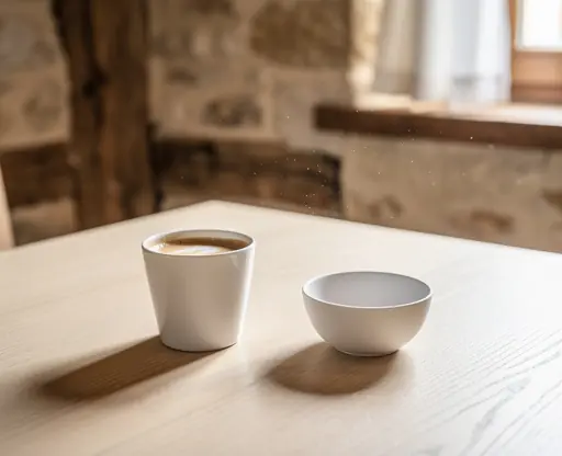 Minimalist wooden table in a cozy French countryside restaurant, cup of coffee and bowl on table, natural window light, calm and intimate atmosphere, realistic photography, high resolution
