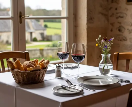 Elegant French restaurant table by a window, white tablecloth, bread basket, wine glasses, natural daylight, refined countryside atmosphere, warm and authentic mood, high resolution photography
