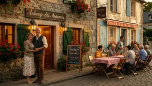Comparaison photographique hyperréaliste d'une auberge familiale et d'un bistrot de village en Ardennes au coucher du soleil