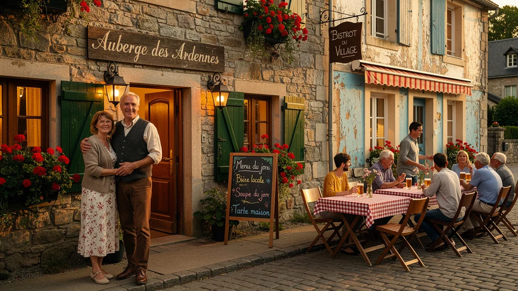 Comparaison photographique hyperréaliste d'une auberge familiale et d'un bistrot de village en Ardennes au coucher du soleil