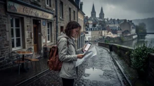 Voyageuse regrettant de ne pas avoir vérifié avant de réserver à Givet sur une rue pavée sous ciel nuageux