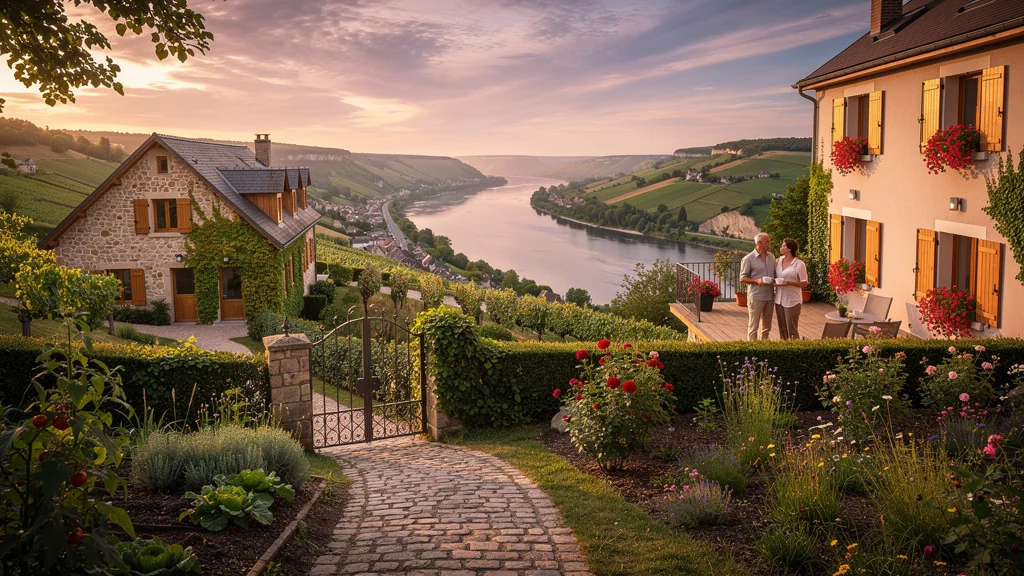 Vue réaliste d'une chambre d'hôtes et d'un gîte dans la vallée de la Meuse au coucher du soleil