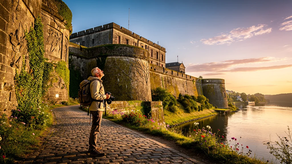 Vue hyperréaliste de la citadelle de Charlemont à Givet au coucher du soleil, exploration historique