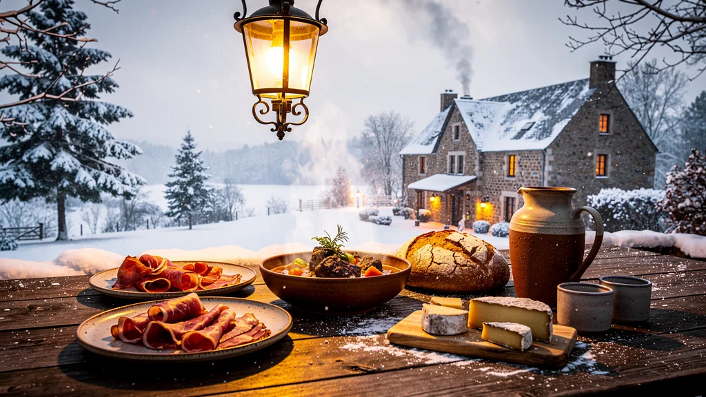 Menus terroir des auberges ardennaises en hiver avec plats traditionnels sur terrasse enneigée