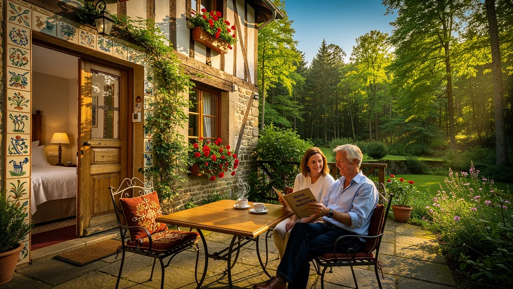 Cour intérieure d’un hôtel de charme 3 étoiles dans les Ardennes, ambiance authentique et rapport qualité-prix