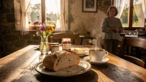 Petit-déjeuner en hôtel de charme Ardennes avec pain peu frais et ambiance matinale chaleureuse