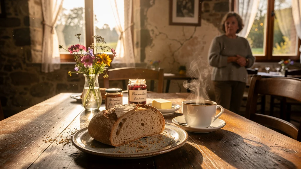 Petit-déjeuner en hôtel de charme Ardennes avec pain peu frais et ambiance matinale chaleureuse