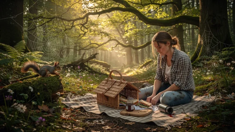 Pique-nique improvisé en forêt d'Ardennes avec une jeune femme et panier renversé sur couverture