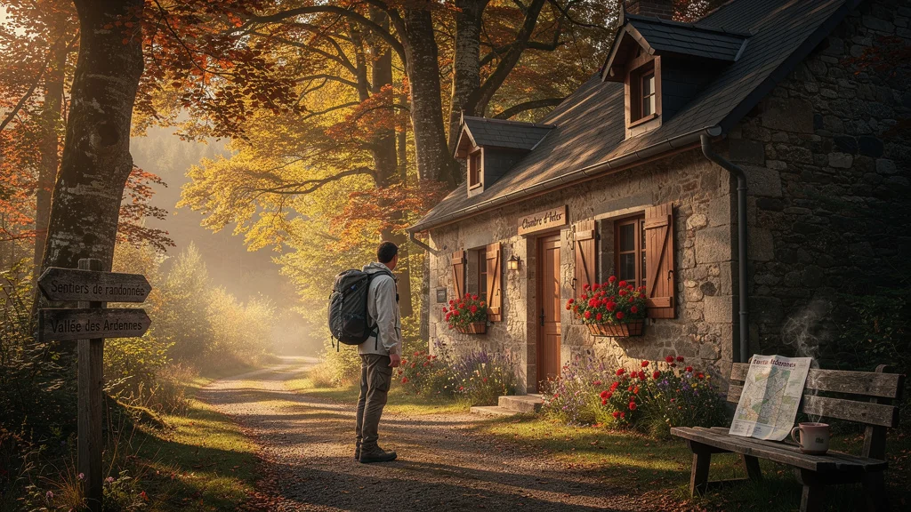 Paysage hyper-réaliste de la chambre d'hôtes dans le Parc naturel régional des Ardennes en automne