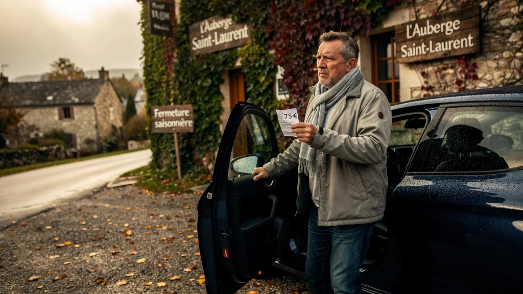 Homme frustré devant L'Auberge Saint-Laurent fermée, perte de 75 € de carburant à cause d'une fermeture saisonnière