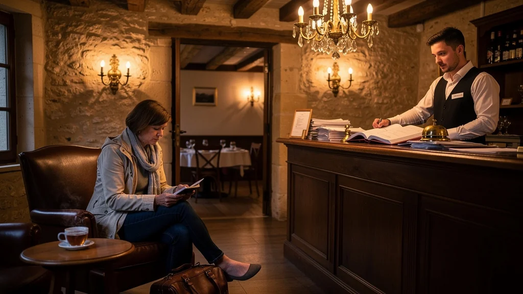 Femme inquiète réalisant une erreur de réservation au Clos Saint-Pierre sans dîner dimanche, hôtel rustique français
