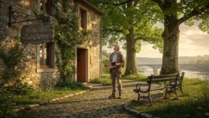 Photographie réaliste en 8K de la Ferme des Trois Chênes à Givet en mai avec un panneau d’hôtel mal recopié