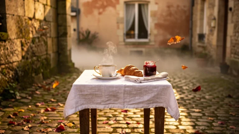 Petit-déjeuner d'automne en cour pavée à Sedan aux Reflets Jaunes, ambiance calme et chaleureuse