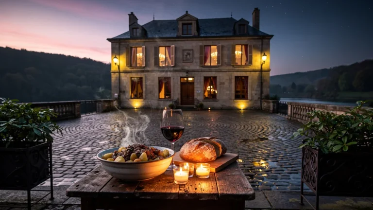Vue réaliste du Manoir de la Lande à Bogny-sur-Meuse avec une table rustique et une cacasse fumante en soirée