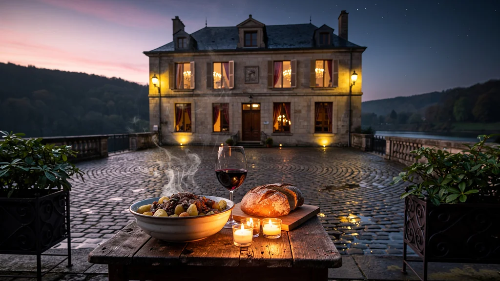Vue réaliste du Manoir de la Lande à Bogny-sur-Meuse avec une table rustique et une cacasse fumante en soirée