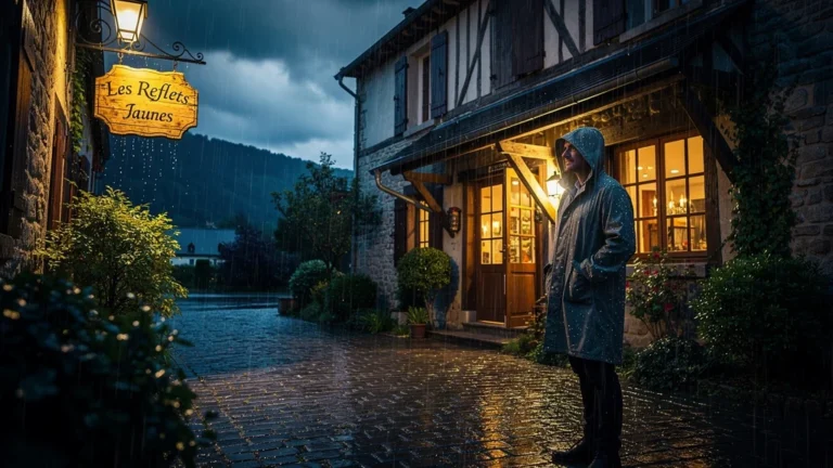 Nuit pluvieuse à Les Reflets Jaunes à Monthermé, ambiance chaleureuse et reflet sur pavés mouillés
