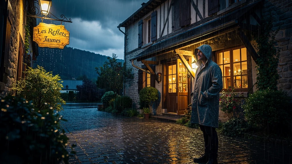 Nuit pluvieuse à Les Reflets Jaunes à Monthermé, ambiance chaleureuse et reflet sur pavés mouillés