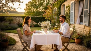 Courtyard romantic setting au Clos des Amandiers Saumur pour couples sans enfant en chambres et tables d'hôtes