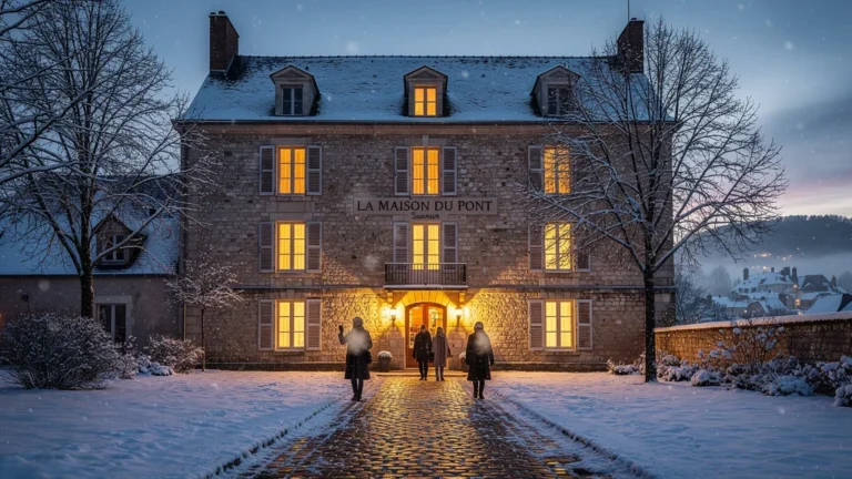 Photo hivernale réaliste de la Maison du Pont à Saumur, hôtel-restaurant charmant sous la neige