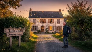 Regret près de Stenay en Ardennes devant une table d'hôtes rustique au coucher du soleil