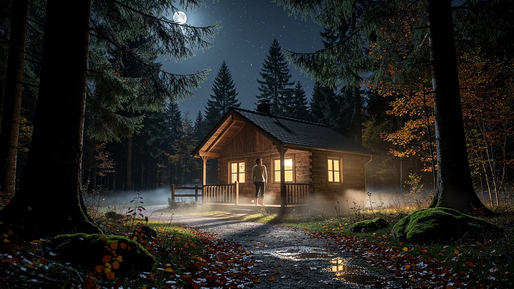 Maison forestière éclairée la nuit près de Renwez avec ambiance automnale et reflet jaune chaleureux
