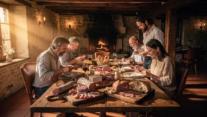 Une table rustique d’auberge avec salaisons ardennaises savoureusement disposées et dégustées en ambiance chaleureuse