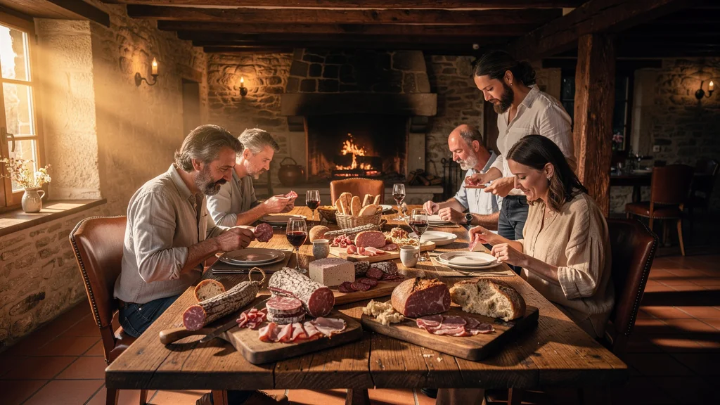 Une table rustique d’auberge avec salaisons ardennaises savoureusement disposées et dégustées en ambiance chaleureuse