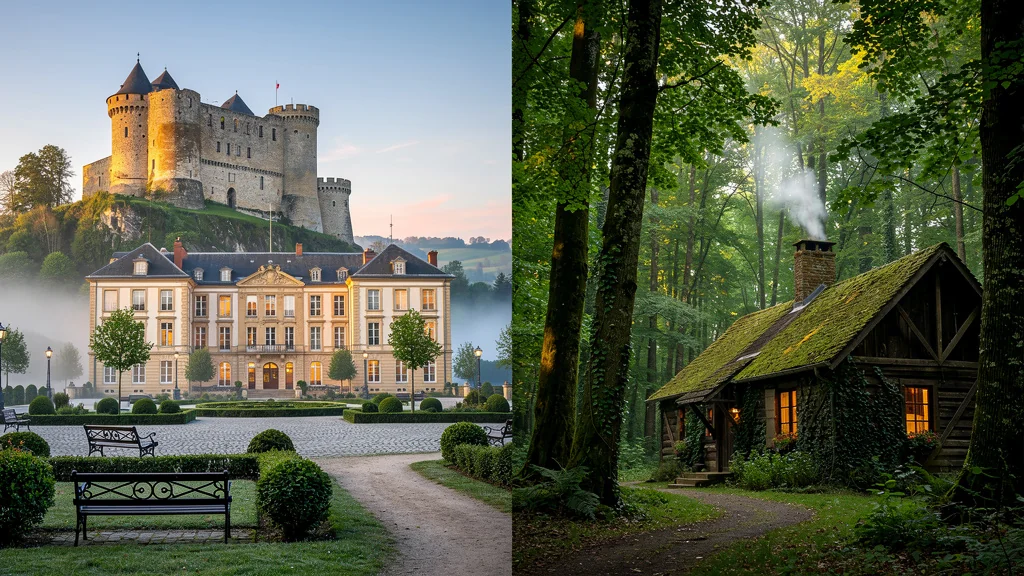 Vue réaliste d’un hôtel face à une citadelle et d’une auberge en forêt près de Vouziers