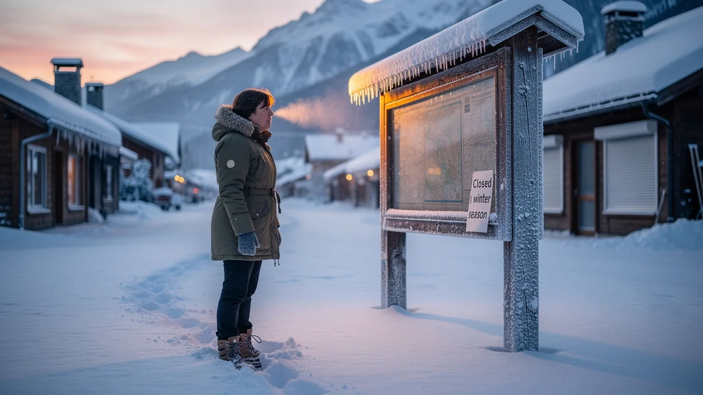 Voyageuse déçue devant un panneau presque invisible annonçant la fermeture hivernale, perte de 120 € ce week-end