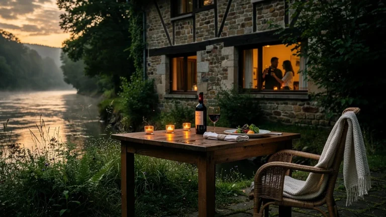 Vue réaliste d'un gîte au bord de la Meuse à Haybes avec table de dîner en plein air et ambiance humide