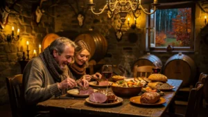 Dîner d'auberge traditionnel à Haybes redécouvrant la cuisine authentique ardennaise face à un paysage automnal