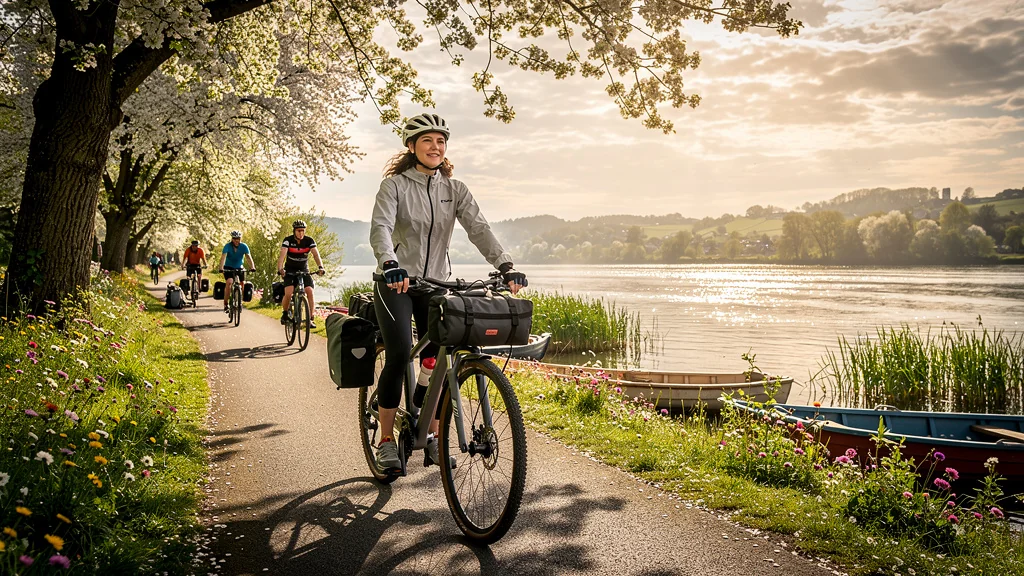 Cycliste au bord de la Meuse au printemps durant le pont de mai, paysage naturel et ambiance paisible