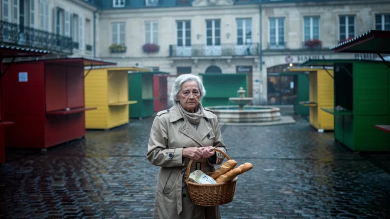 Marché fermé le lundi à Rethel avec une femme seule devant des étals vides sous ciel gris