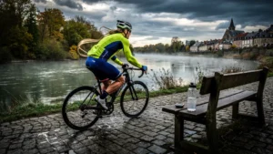 Cycliste chronométré affrontant le vent de face le long de la Meuse à Fumay en journée vélo et table