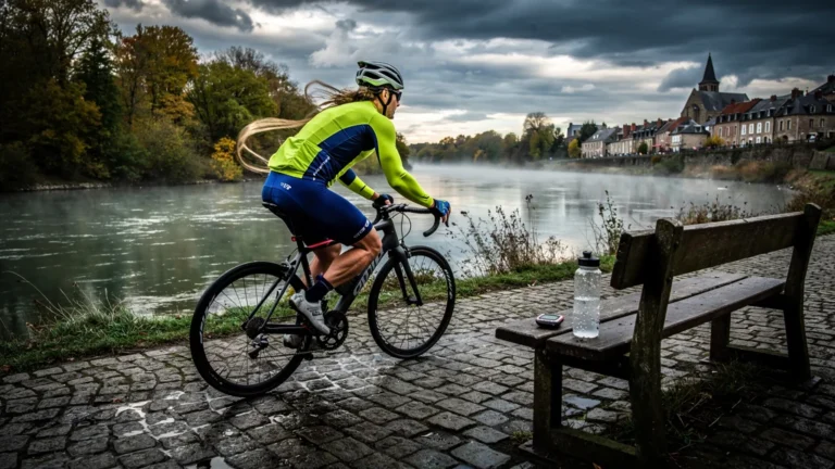 Cycliste chronométré affrontant le vent de face le long de la Meuse à Fumay en journée vélo et table