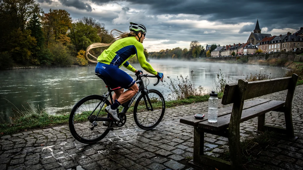 Cycliste chronométré affrontant le vent de face le long de la Meuse à Fumay en journée vélo et table