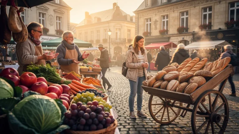 Marché ardennais animé un samedi matin à Charleville sans sac ni monnaie, ambiance authentique et colorée