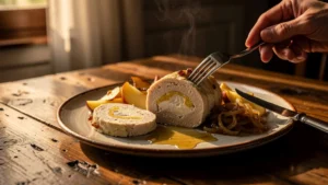 Boudin blanc de Rethel tranché sur table rustique, ambiance chaleureuse et lumière naturelle douce