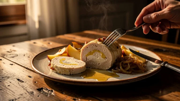 Boudin blanc de Rethel tranché sur table rustique, ambiance chaleureuse et lumière naturelle douce