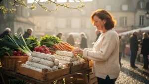 Marché de Rethel le matin avec boudin blanc et femme réconciliée, ambiance lumineuse et textures réalistes