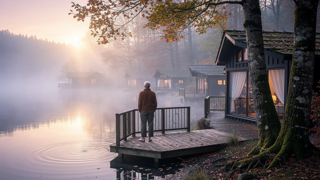 Vue matinale hyper-réaliste sur les hébergements de charme au bord du lac des Vieilles-Forges dans la brume