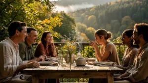 Week-end art de recevoir en Ardennes simple et chaleureux sur une terrasse en bois en pleine nature