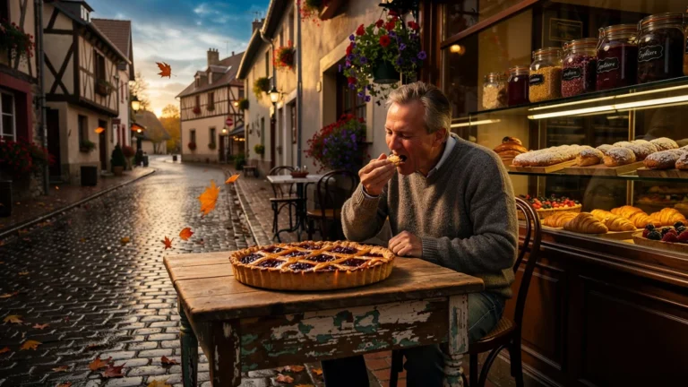 Homme savourant une tarte ardennaise à Nouzonville lors d'un séjour en plein air ensoleillé